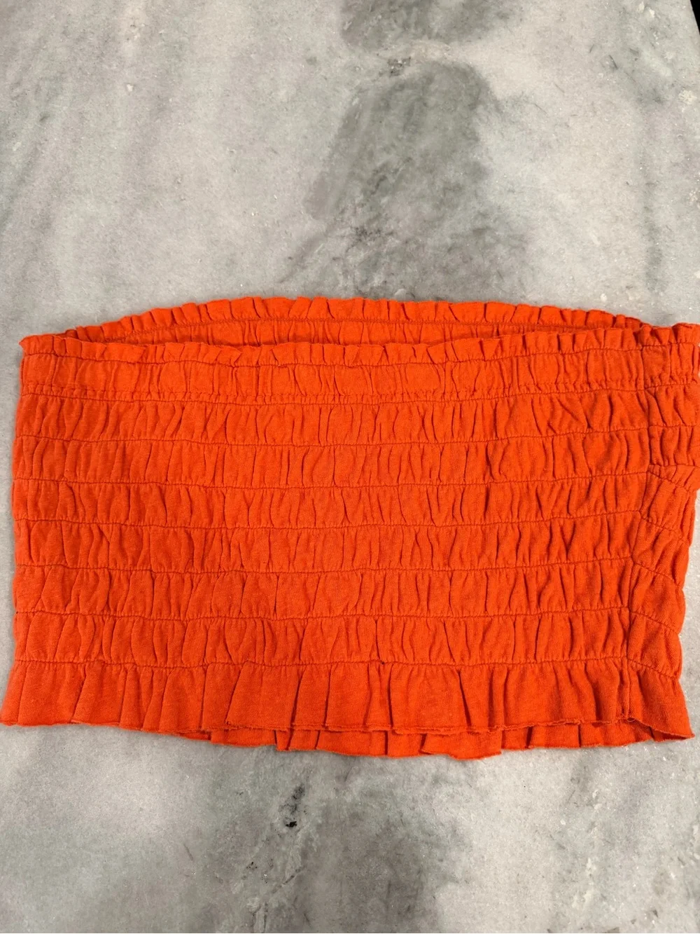 NWOT Free People Beach Size L Orange Smocked Linen Blend Strapless Tube Top